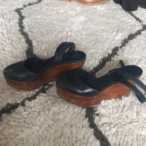 Tory Burch navy leather and wood wedge